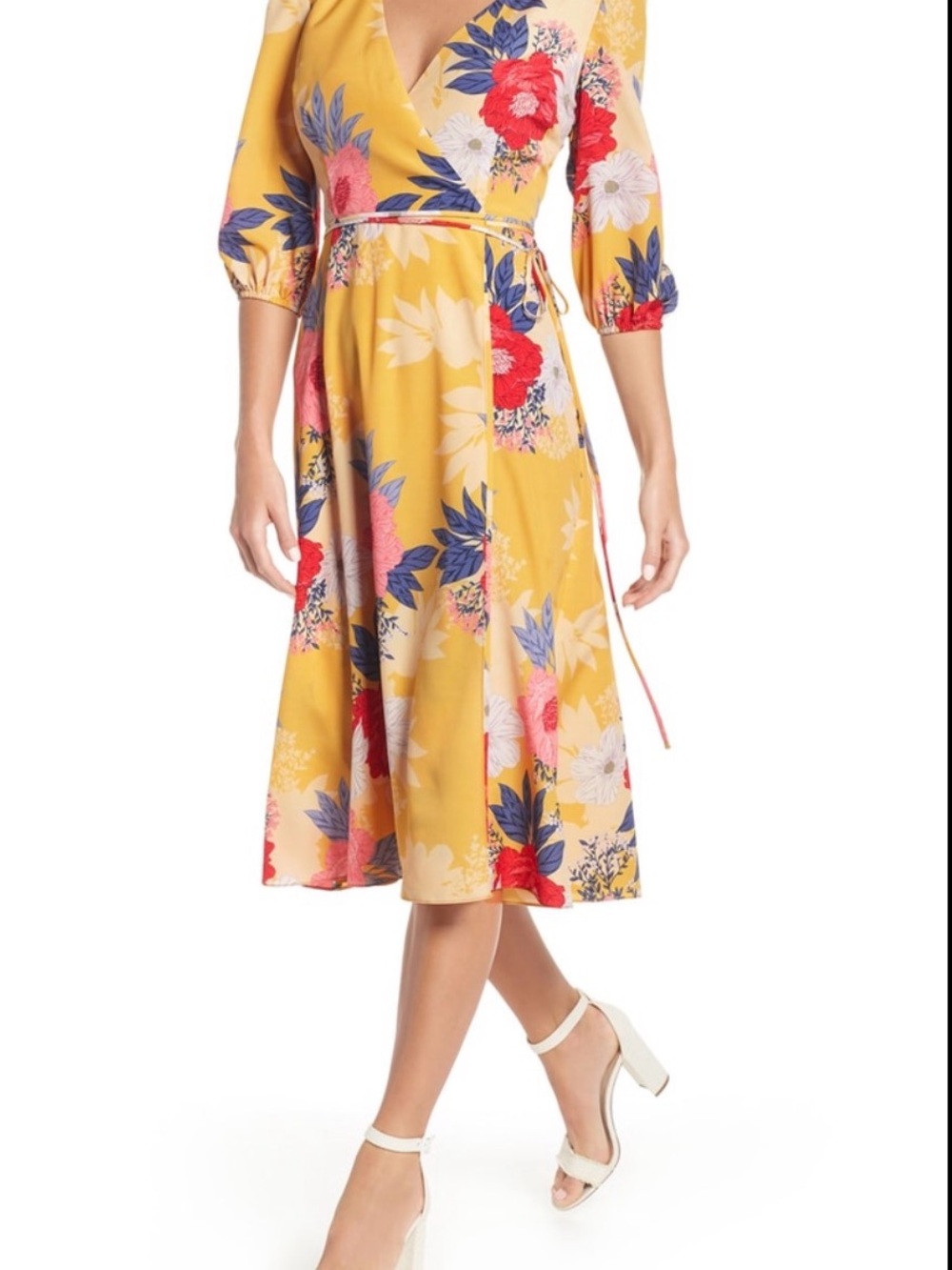 Eliza J Yellow Floral Wrap Dress with Red & Blue Blooms